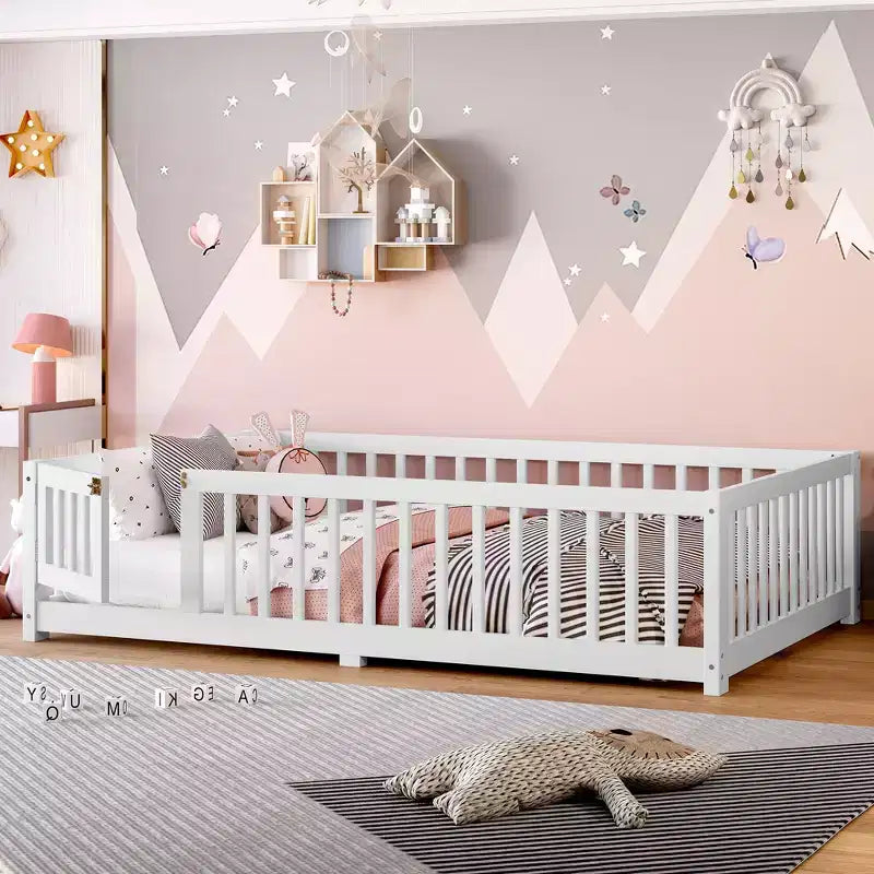Struttura letto a terra per bambini in legno massello con spondine di sicurezza e cancelletto rimovibile, letto Montessori per bambini piccoli