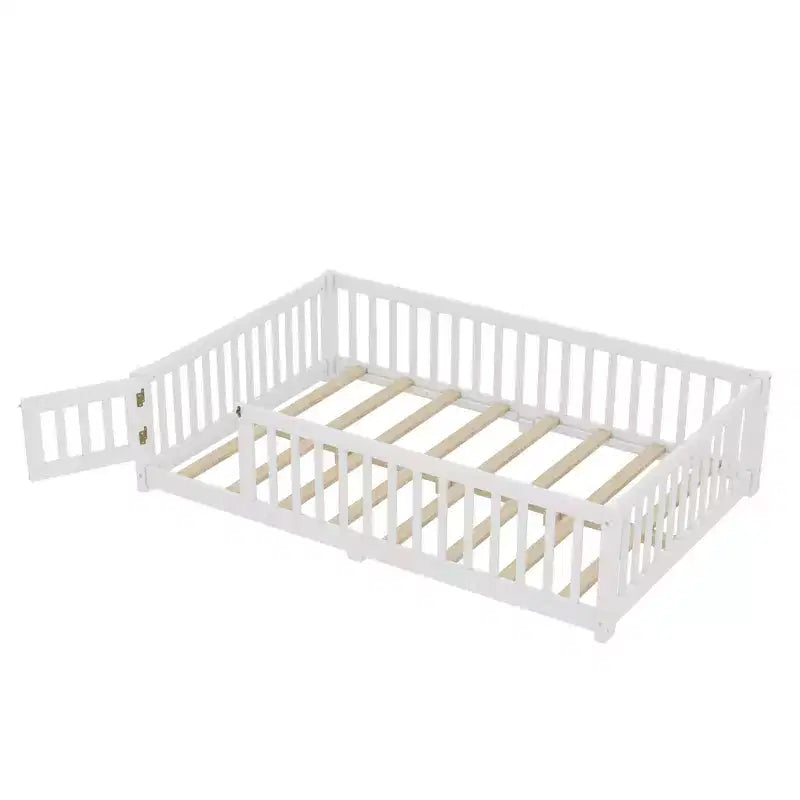 Struttura letto a terra per bambini in legno massello con spondine di sicurezza e cancelletto rimovibile, letto Montessori per bambini piccoli