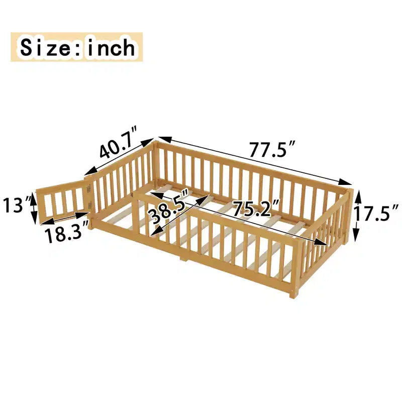 Struttura letto a terra per bambini in legno massello con spondine di sicurezza e cancelletto rimovibile, letto Montessori per bambini piccoli