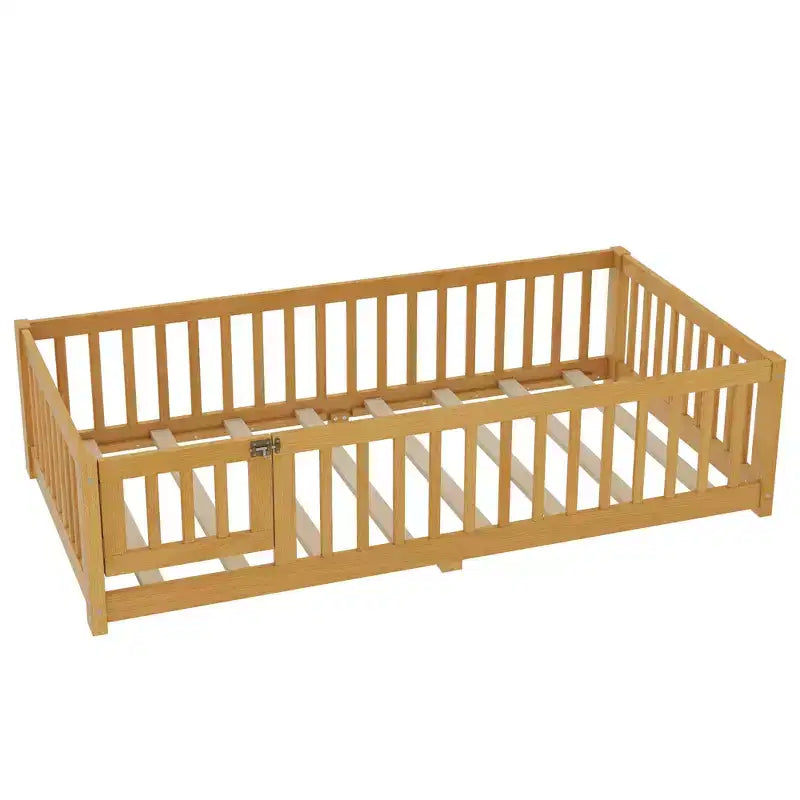 Struttura letto a terra per bambini in legno massello con spondine di sicurezza e cancelletto rimovibile, letto Montessori per bambini piccoli