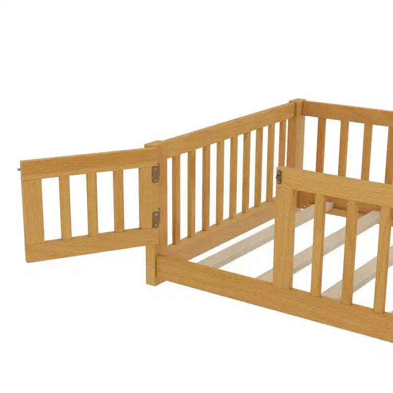 Struttura letto a terra per bambini in legno massello con spondine di sicurezza e cancelletto rimovibile, letto Montessori per bambini piccoli