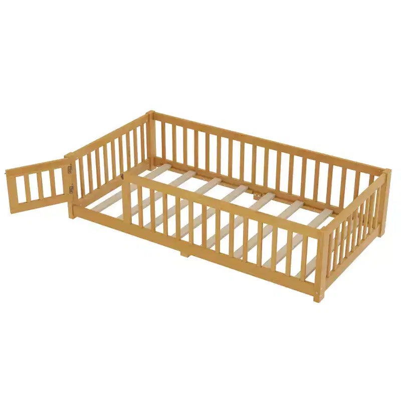 Struttura letto a terra per bambini in legno massello con spondine di sicurezza e cancelletto rimovibile, letto Montessori per bambini piccoli