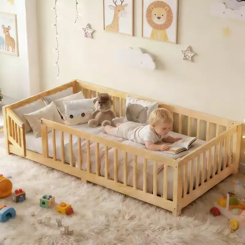 Bellemave Kids Solid Wood Floor Bed Frame with Safety Guardrails & Removable Door, Montessori Toddler Floor Bed