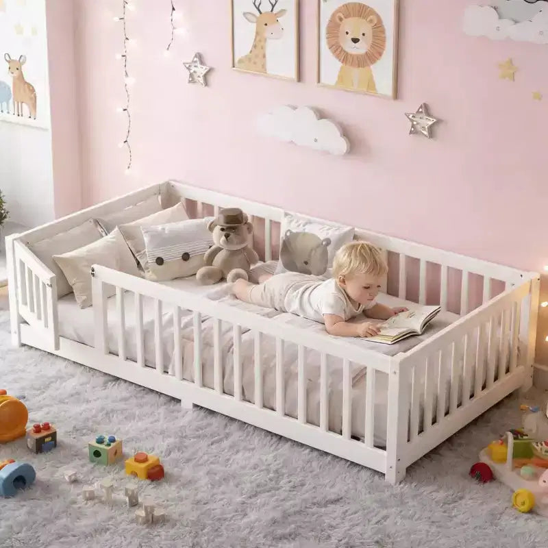 Struttura letto a terra per bambini in legno massello con spondine di sicurezza e cancelletto rimovibile, letto Montessori per bambini piccoli