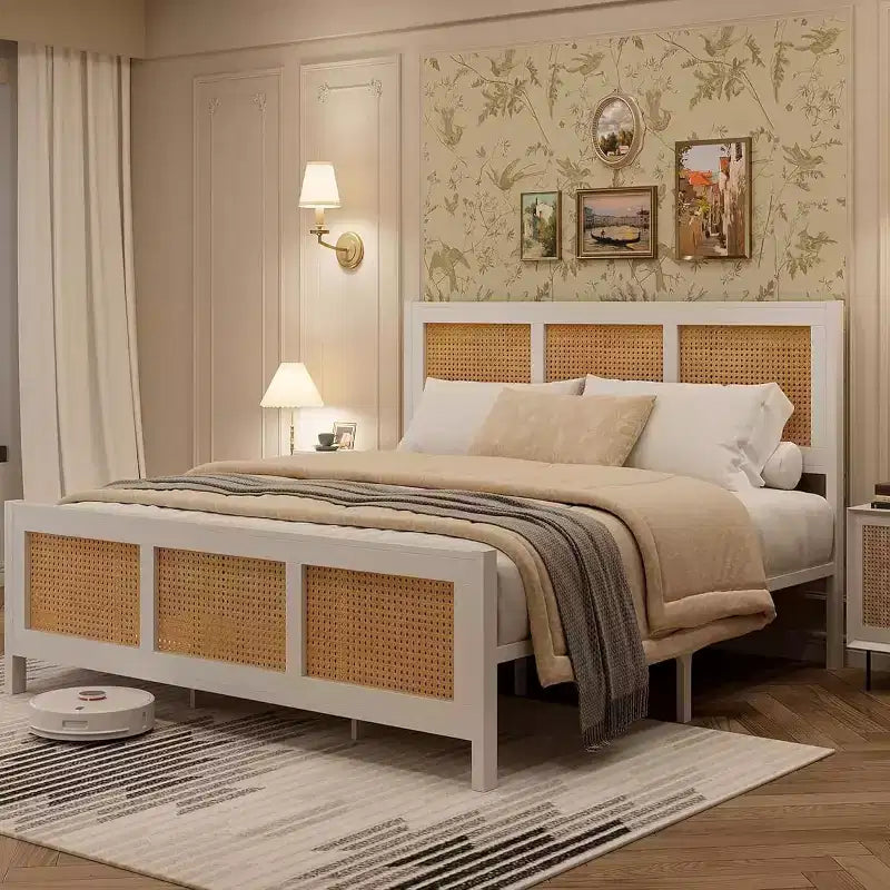 Struttura letto a piattaforma Boho in rattan con testiera, robuste doghe in metallo, non necessita di rete a molle