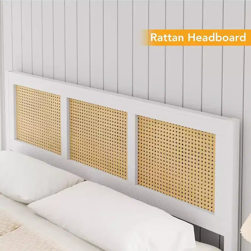 Struttura letto a piattaforma Boho in rattan con testiera, robuste doghe in metallo, non necessita di rete a molle