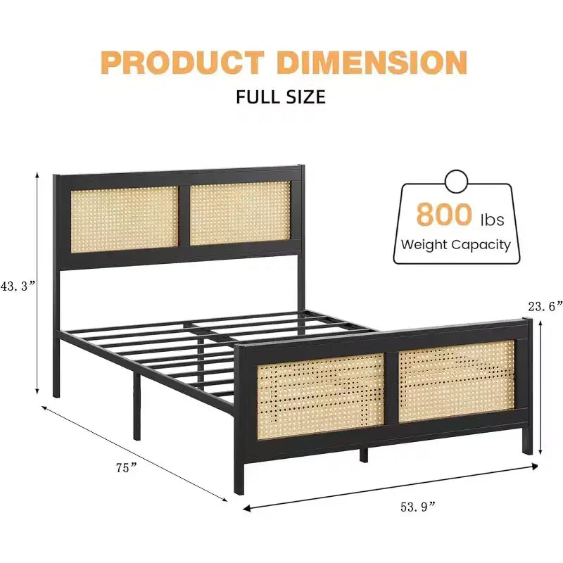 Struttura letto a piattaforma Boho in rattan con testiera, robuste doghe in metallo, non necessita di rete a molle