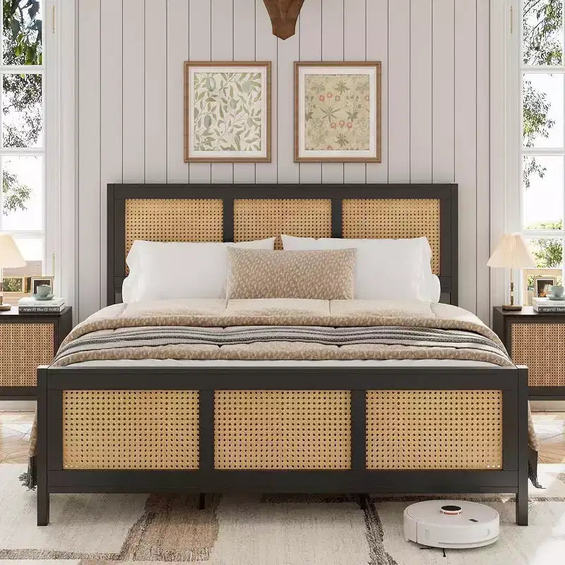 Struttura letto a piattaforma Boho in rattan con testiera, robuste doghe in metallo, non necessita di rete a molle