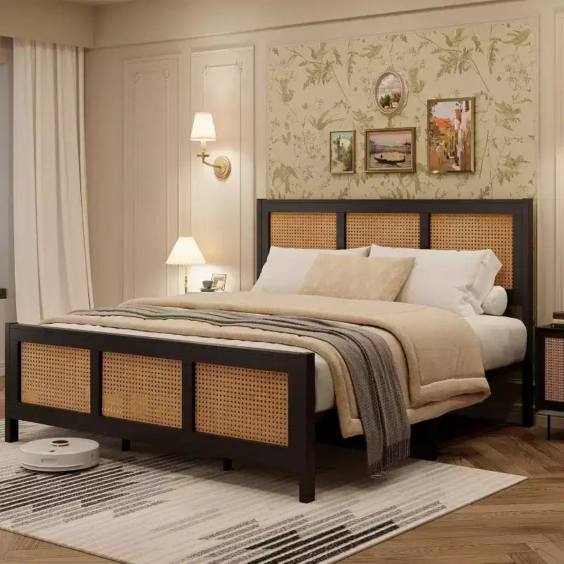 Struttura letto a piattaforma Boho in rattan con testiera, robuste doghe in metallo, non necessita di rete a molle