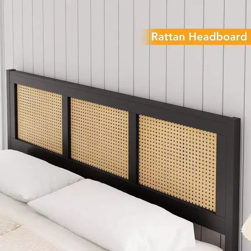 Struttura letto a piattaforma Boho in rattan con testiera, robuste doghe in metallo, non necessita di rete a molle
