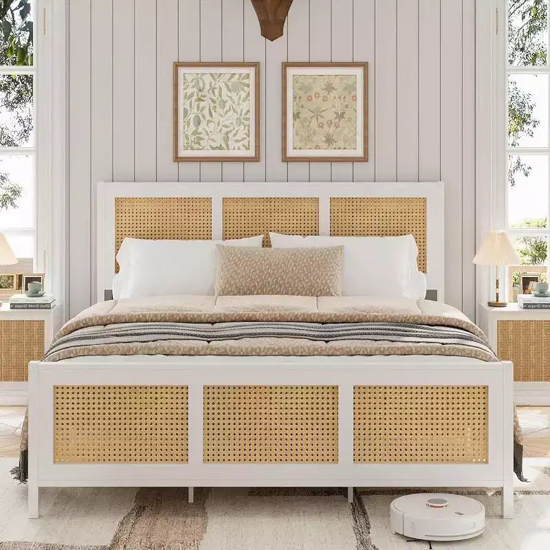 Struttura letto a piattaforma Boho in rattan con testiera, robuste doghe in metallo, non necessita di rete a molle