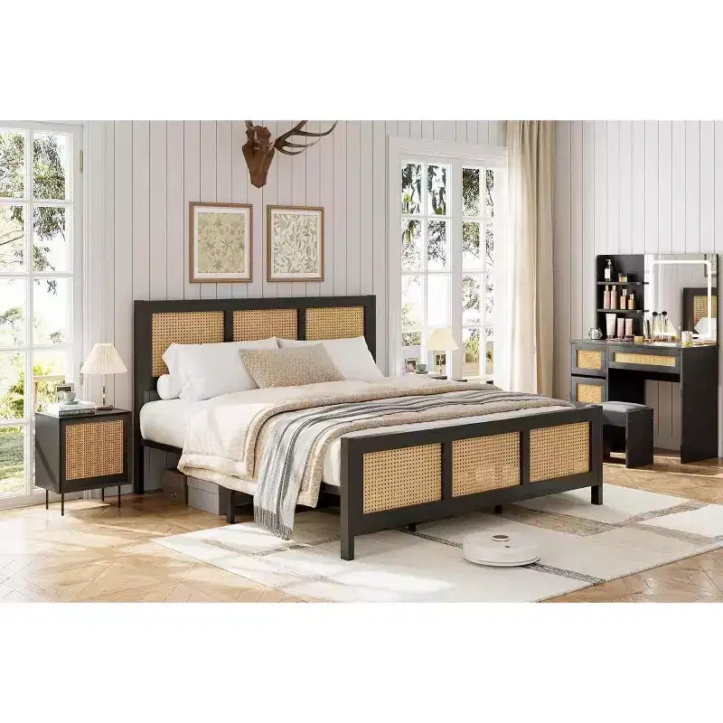 COZONY Rattan Bed Frame with Headboard, Boho Platform Bed Strong Metal Slats Support Noise Free No Box Spring