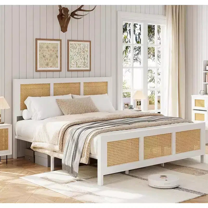 Struttura letto a piattaforma Boho in rattan con testiera, robuste doghe in metallo, non necessita di rete a molle