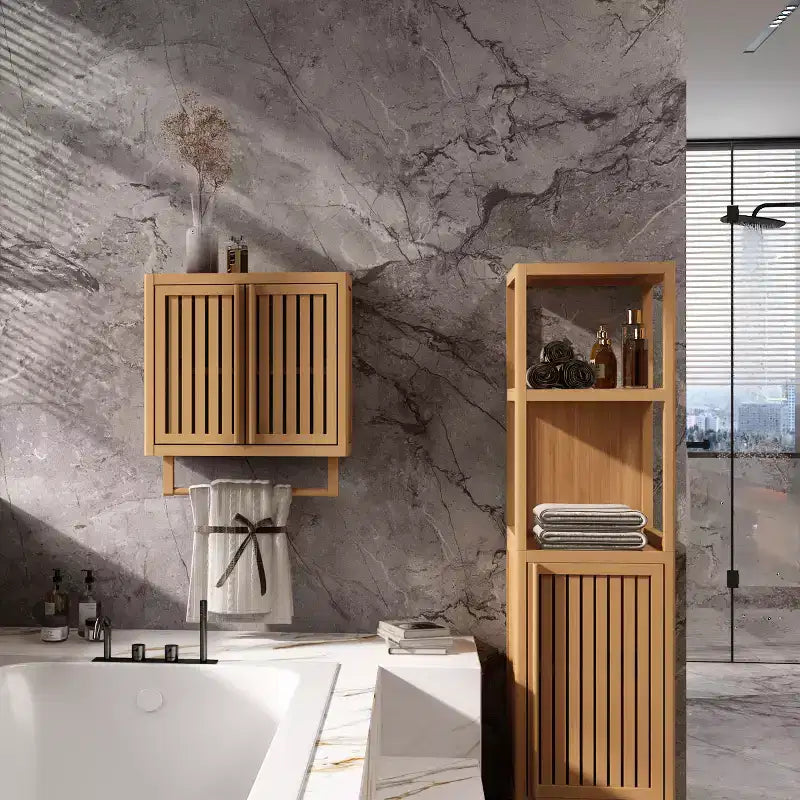 Pensile da bagno in bambù con ripiano a giorno e vano chiuso