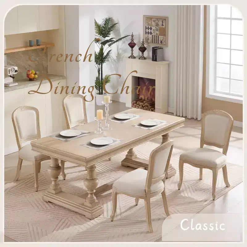 Sedie da pranzo in stile country francese, set da 2, con schienale a ventaglio imbottito, intagliato a filo, smontabile, beige