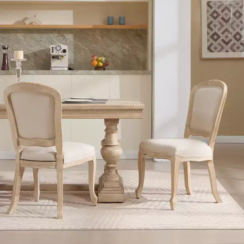 Sedie da pranzo in stile country francese, set da 2, con schienale a ventaglio imbottito, intagliato a filo, smontabile, beige