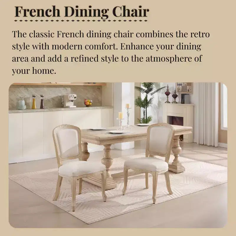 Sedie da pranzo in stile country francese, set da 2, con schienale a ventaglio imbottito, intagliato a filo, smontabile, beige