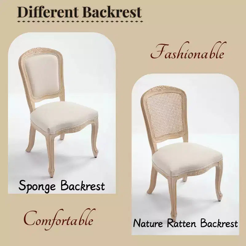 Sedie da pranzo in stile country francese, set da 2, con schienale a ventaglio imbottito, intagliato a filo, smontabile, beige