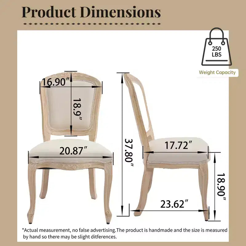 Sedie da pranzo in stile country francese, set da 2, con schienale a ventaglio imbottito, intagliato a filo, smontabile, beige