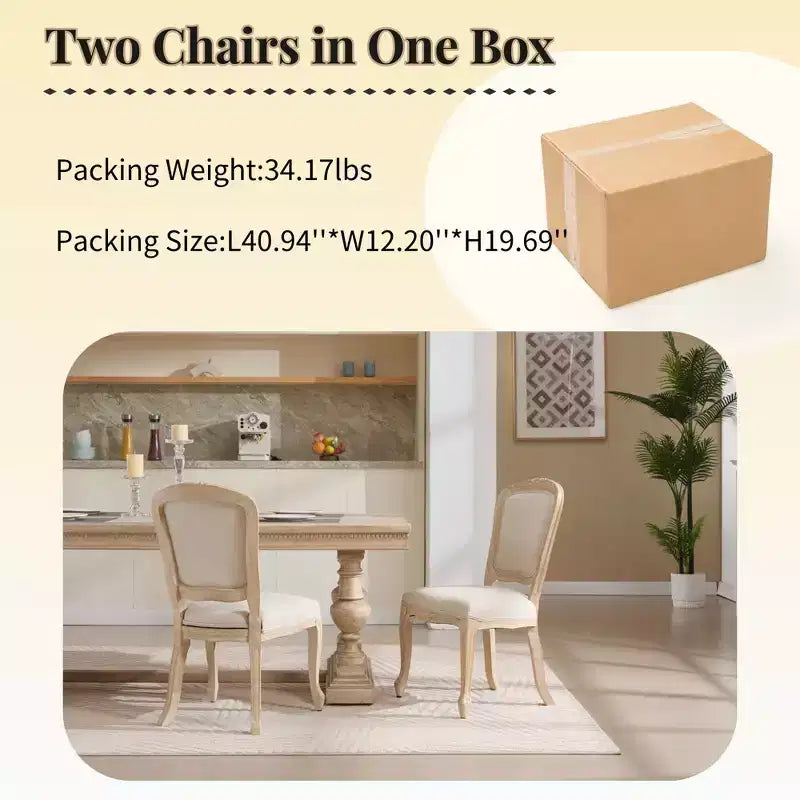 Sedie da pranzo in stile country francese, set da 2, con schienale a ventaglio imbottito, intagliato a filo, smontabile, beige