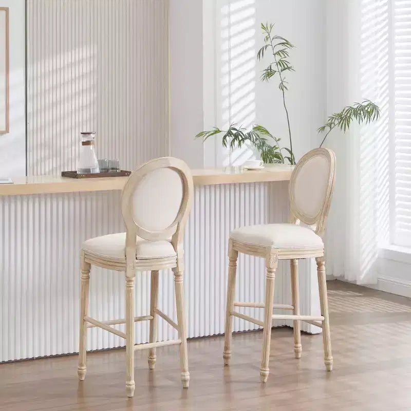Sedie da bar French Country set da 2, schienale rotondo imbottito, intaglio a traforo, smontabili, beige