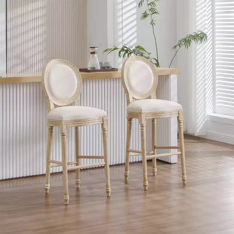 Sedie da bar French Country set da 2, schienale rotondo imbottito, intaglio a traforo, smontabili, beige