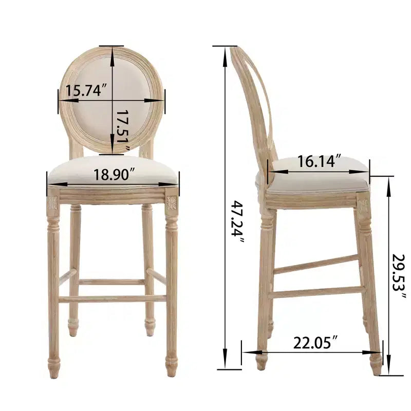 Sedie da bar French Country set da 2, schienale rotondo imbottito, intaglio a traforo, smontabili, beige