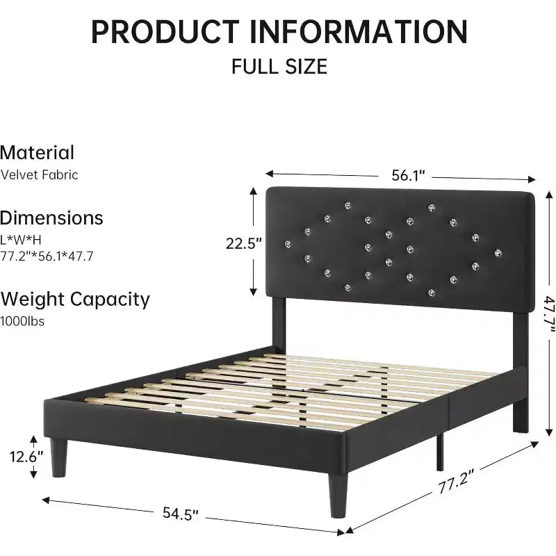 Struttura letto matrimoniale/queen size, struttura letto imbottita in velluto con canali verticali trapuntati e robuste doghe in legno, struttura letto a piattaforma di facile montaggio, senza rumore