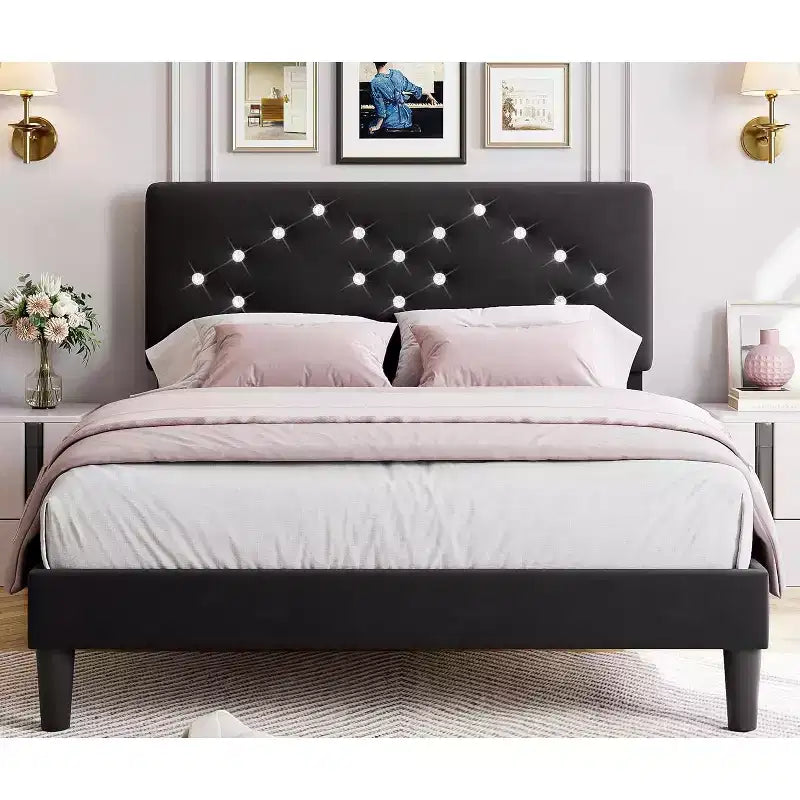 Struttura letto matrimoniale/queen size, struttura letto imbottita in velluto con canali verticali trapuntati e robuste doghe in legno, struttura letto a piattaforma di facile montaggio, senza rumore