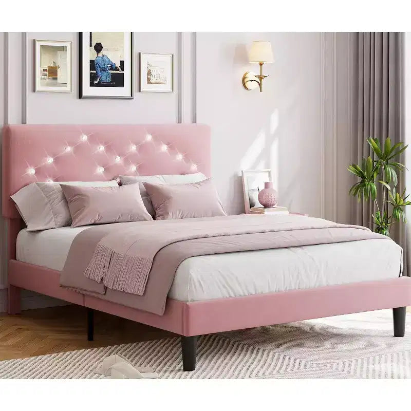 Struttura letto matrimoniale/queen size, struttura letto imbottita in velluto con canali verticali trapuntati e robuste doghe in legno, struttura letto a piattaforma di facile montaggio, senza rumore