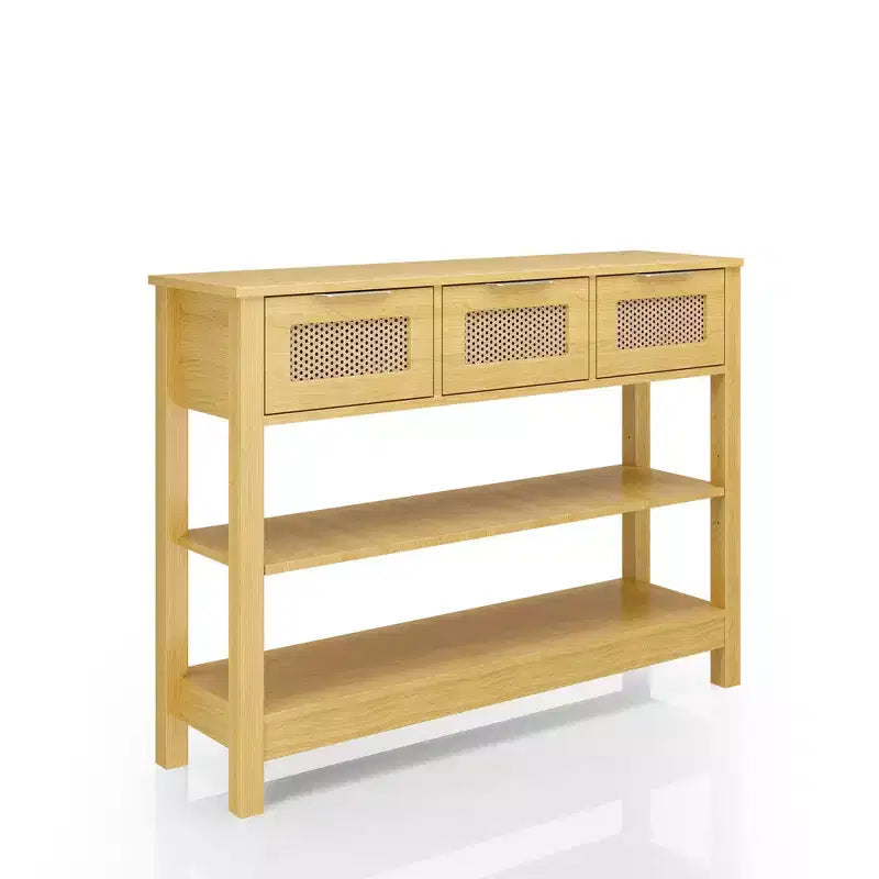 Consolle in Rattan con 3 Cassetti e 2 Ripiani Aperti, Tavolo da Divano Rustico con Ripiano Regolabile